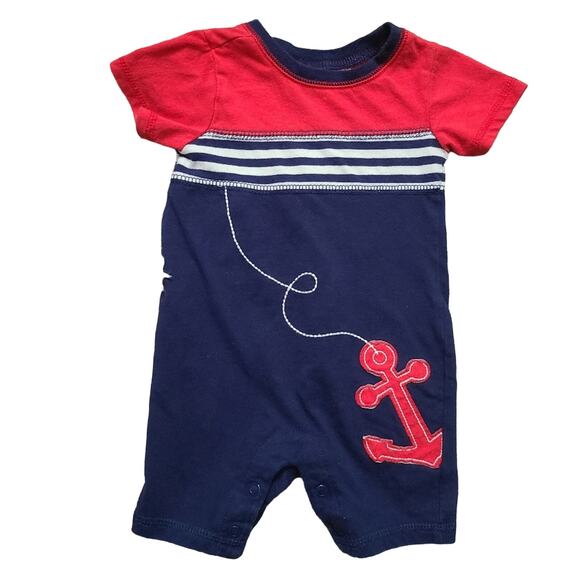 First Impressions Baby Boy Sz 3-6M Red Navy Blue Nautical Romper - Picture 1 of 3